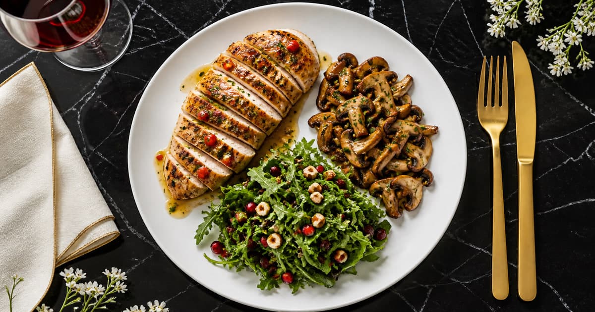Plato de pollo, setas y ensalada sobre una mesa de mármol oscuro